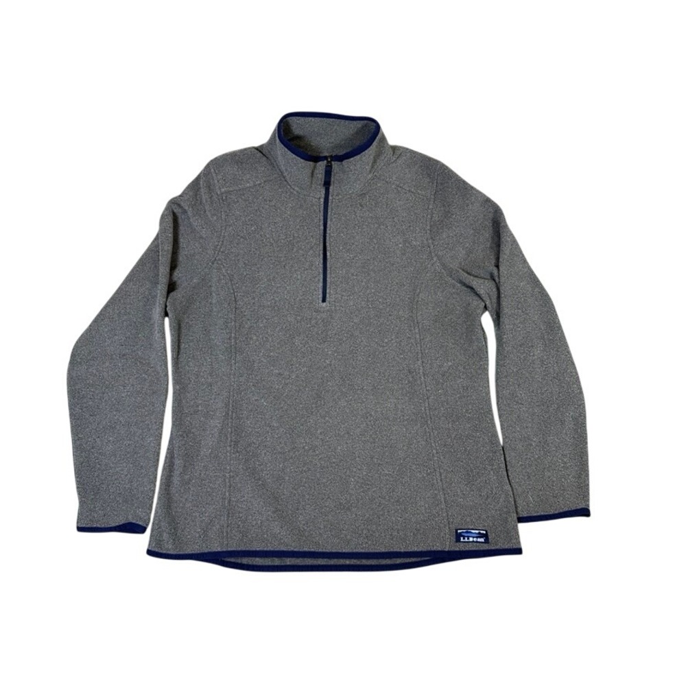 LL Bean Womens Large Gray Quarter Zip Fleece Pullover Mock Neck Navy Trim